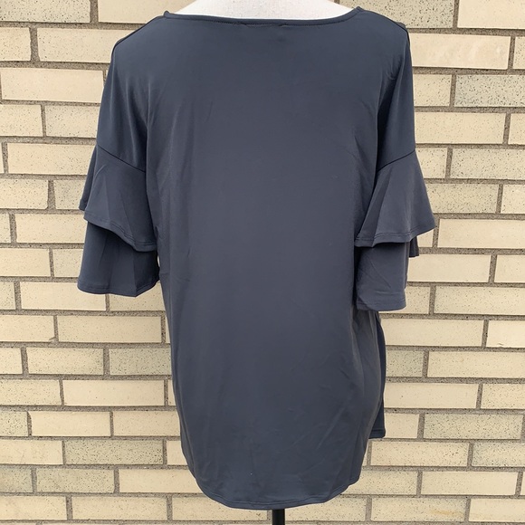 Zenana Ash Gray Double Ruffle Sleeve Drop Shoulders Top NWT - Picture 5 of 8